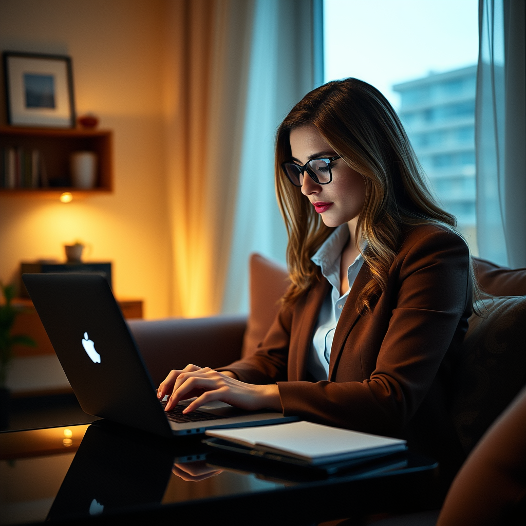 an executive woman working on a laptop in her cozy apartment